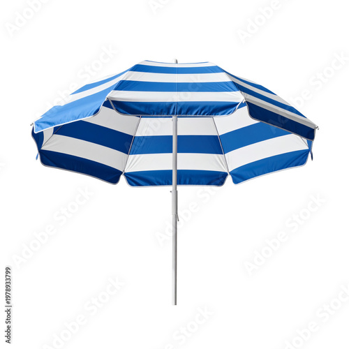 A classic and vibrant blue and white striped beach umbrella offers essential shade and a stylish touch for any sunny day at the beach or poolside relaxation 