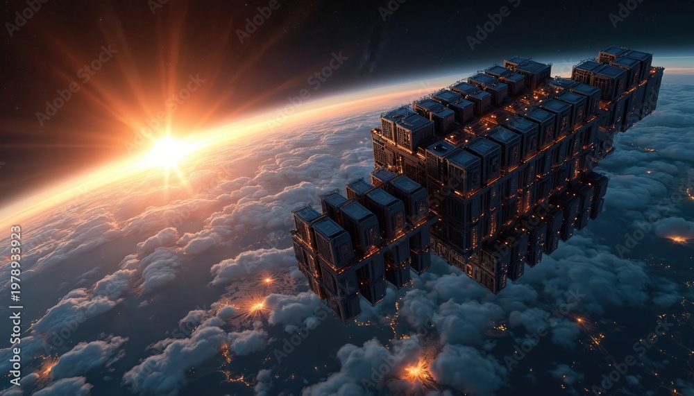 Fototapeta premium Futuristic orbital data center modules float above planet Earth with glowing lights below. Sun rises on planet horizon. Space station architecture.