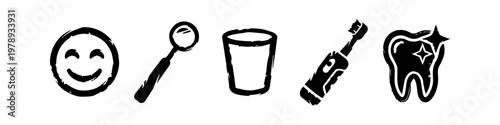 Set of Hand-Drawn Dental Care Icons in Grunge Sketch Style, Including a Tooth, Electric Toothbrush, Dental Mirror, Rinsing Glass, and Happy Smiley Face for Oral Hygiene and Dentistry Concepts