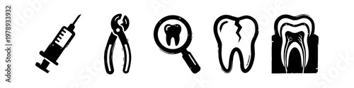 Hand-Drawn Dental Care Icon Set Featuring Syringe, Extraction Forceps, Dental Magnifier, Cracked Tooth, and Detailed Tooth Anatomy Illustration in a Distressed Black Block Print Style