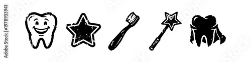 Set of Distressed Dental Icons for Kids Featuring a Smiling Tooth Star Toothbrush Magic Wand and Superhero Tooth for Pediatric Dentistry Graphics