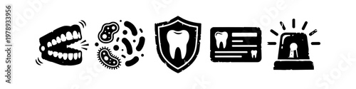 Dental Care and Oral Health Icon Set Silhouette Illustrations Featuring Dentures, Bacteria, Tooth Protection Shield, Insurance Card, and Emergency Siren Icons