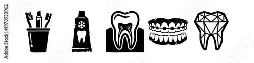 Comprehensive Dental Care Icon Set Featuring Tooth Anatomy, Orthodontic Braces, Oral Hygiene Tools, and Modern Geometric Tooth Symbol in Minimalist Black and White Vector Style