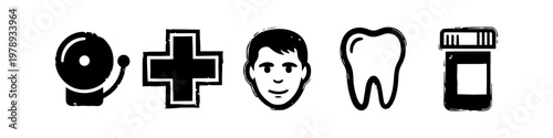 Medical and Healthcare Icon Set with Emergency Bell Plus Symbol Human Face Tooth and Pill Bottle in Grunge Hand-Drawn Style - Black and White Vector Illustration