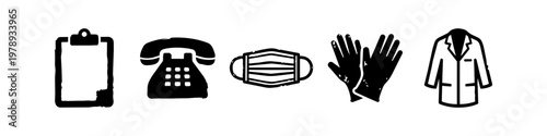 Collection of Medical Icons and Healthcare Equipment Silhouettes Including a Clipboard, Telephone, Surgical Mask, Protective Gloves, and Lab Coat in Black and White Style