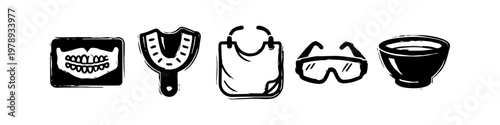 Black and White Hand-Drawn Dental Icon Set Including X-ray, Impression Tray, Bib, Safety Glasses, and Mixing Bowl - Isolated Linocut Style Illustrations for Orthodontic and Stomatology Design