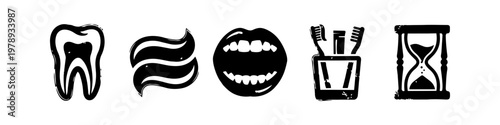 Dental Hygiene and Oral Care Icon Set in Black Linocut Style Featuring Molar Tooth Toothpaste Open Mouth Toothbrushes and Hourglass for Daily Routine Concept