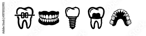 Hand Drawn Dental Care Icon Set with Braces Dentures Dental Implant Crown and Bridge Minimalist Black and White Vector Illustrations for Stomatology and Orthodontic Clinic Services