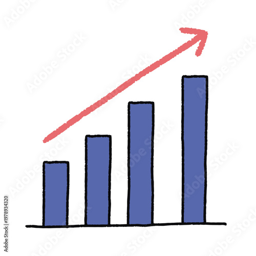 Cute hand-drawn rising bar chart with upward arrow illustration, business growth clipart on white background