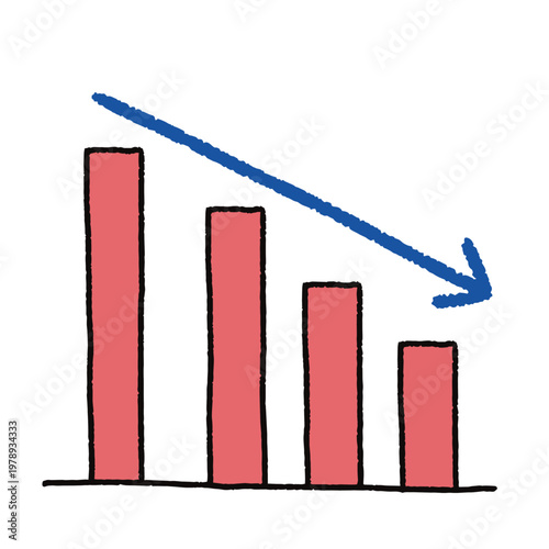 Cute hand-drawn declining bar chart with downward arrow illustration, business decrease clipart on white background