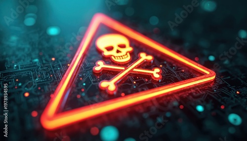 Cyber danger warning symbol with skull and bones glows red on dark circuit board. Digital threat alert, hacker attack, malware risk. Tech concept.