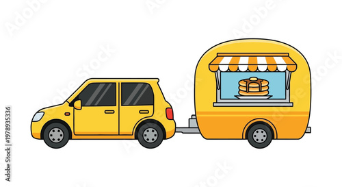 A cheerful yellow car pulls a food trailer displaying a delicious stack of golden pancakes