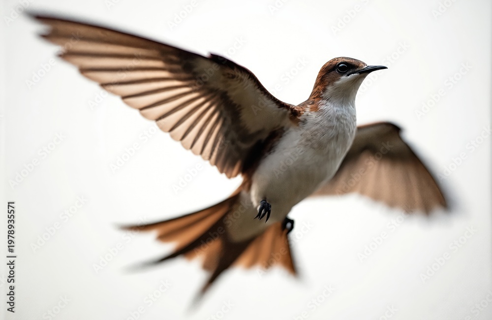 Obraz premium Small brown and white swiftlet bird flies with wings spread wide against a clean white backdrop. Its tail feathers fan out showing detailed pattern. Focus on its avian beauty in mid-air.