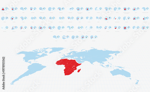 Globe Icons of African Countries arranged alphabetically and set against a world map with Africa highlighted in red.