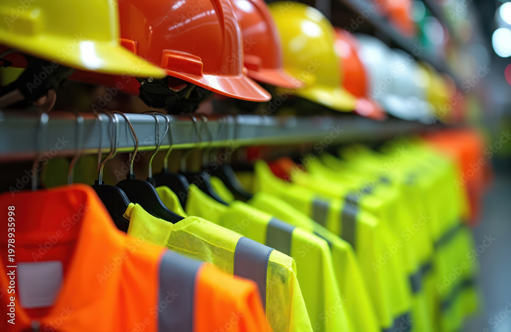 Fototapeta premium Row of colorful safety helmets and high visibility vests arranged on hangers. Protective workwear is neatly organized on shelves and racks for industrial site readiness.