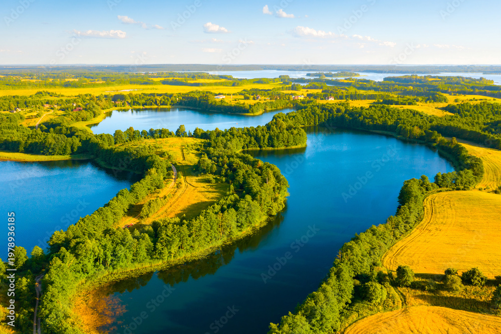 Fototapeta premium Aerial view of lakes in Narachanski National Park, Belarus