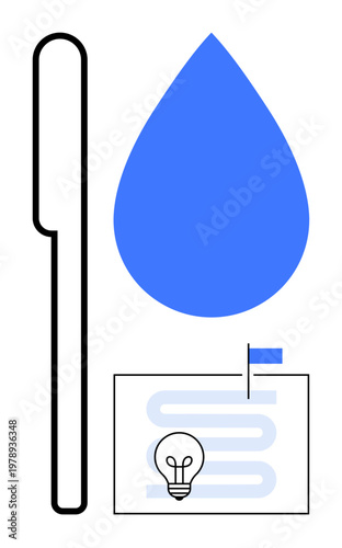 Innovation concept. Abstract blue drop with minimal linear elements and lightbulb symbol modern innovation and creativity. Innovation for design, branding, technology, education, and sustainability