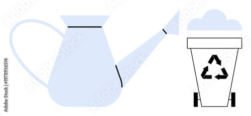 Sustainability, recycling, eco-conscious gardening, waste management, water conservation, environmental education. A watering can and labeled trash bin for recycling. Recycling and eco-conscious