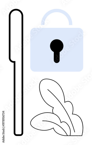 Cybersecurity, privacy, data access, environmental technology, secure systems, modern design. Minimalist lock with keyhole, leaves and geometric lines. Cybersecurity and privacy illustrated