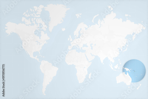 Solomon Islands Map with Flag in Magnifying Glass on World Map Background