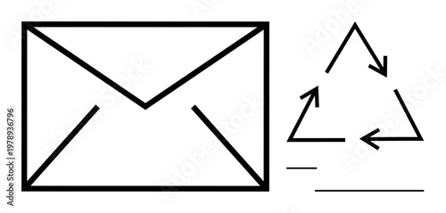 Sustainability, eco awareness, paper recycling, communication, mail services, reuse. An envelope icon next to a recycling symbol. Sustainability and eco awareness through icons
