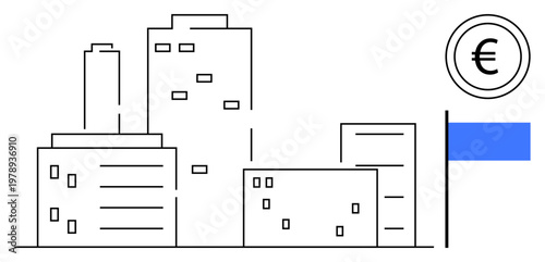 Urban development, economic growth, investments, real estate, business, europe. Minimalistic cityscape with buildings, euro sign and a blue flag. Urban development and economic growth visual