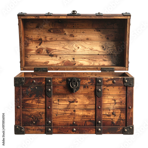 An old rustic wooden treasure chest, slightly open and empty, showing its weathered texture and dark metal hardware, ready for adventure, discovery, or storage of valuables 