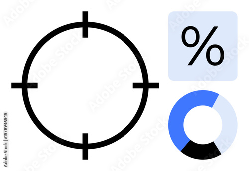Marketing strategy, data analytics, business growth, financial performance, targeting, ROI calculation. A crosshair, percentage sign and pie chart. Data analytics and targeting concept
