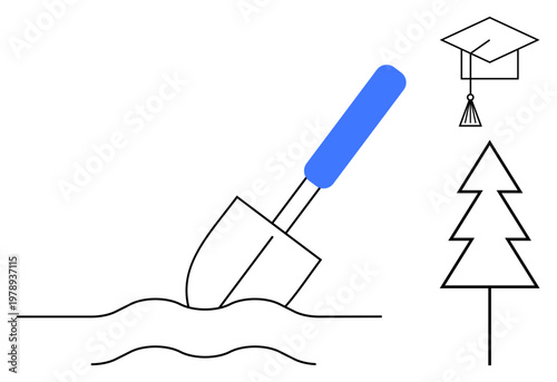 Education, sustainability, learning, environmental growth, academic achievement, tree planting. Shovel in soil, graduation cap and minimalist tree outline. Sustainability and learning concept