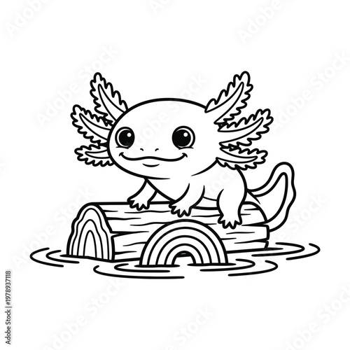 A smiling cartoon axolotl sitting on a log in water with a rainbow