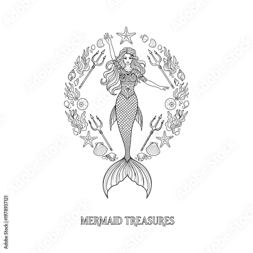Mermaid surrounded by seashells starfish and tridents on white background