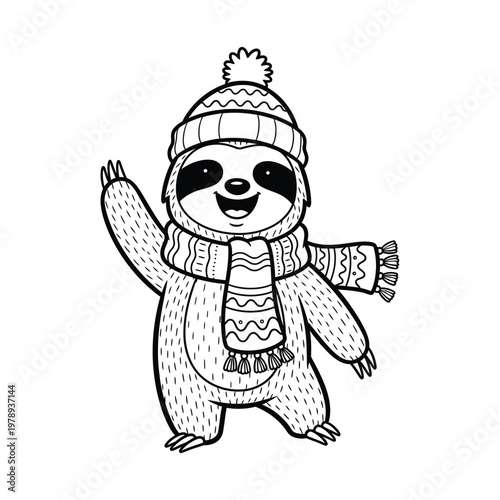 Sloth wearing warm winter clothing standing with arms outstretched isolated on white background