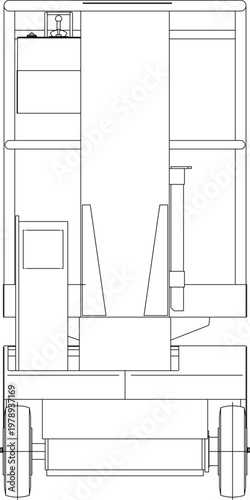 Technical engineering drawing showing a top-down plan view of a wheeled platform vehicle featuring a central lifting mechanism, deck, and chassis.