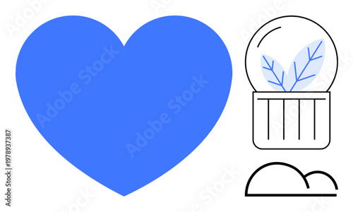 Sustainability, eco-consciousness, minimalism, love, nature preservation, environmental care. Blue heart with a circular terrarium and cloud icon. Sustainability and eco-consciousness concepts