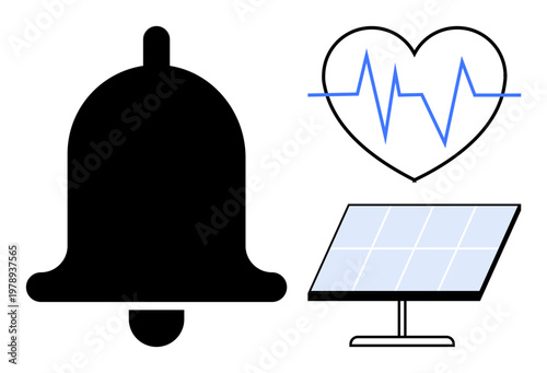 Energy sustainability, health monitoring, notifications, renewable resources, solar technology, eco-friendly concepts. Black bell, heartbeat line in heart shape, solar panel illustration