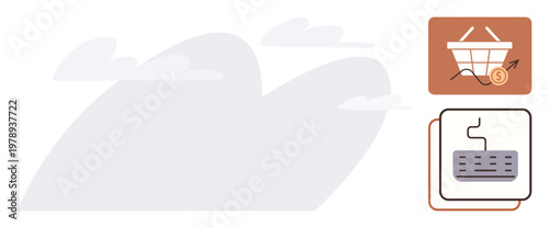 E-commerce, online shopping, financial growth, business strategy, digital marketing, sales analytics. Visual of a basket with a rising chart and a plug symbol. E-commerce and financial growth