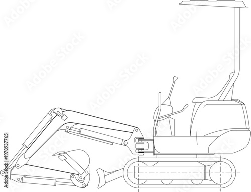 Technical engineering drawing showing a side elevation of a compact mini excavator with a hydraulic arm, bucket, tracks, and operator cabin.