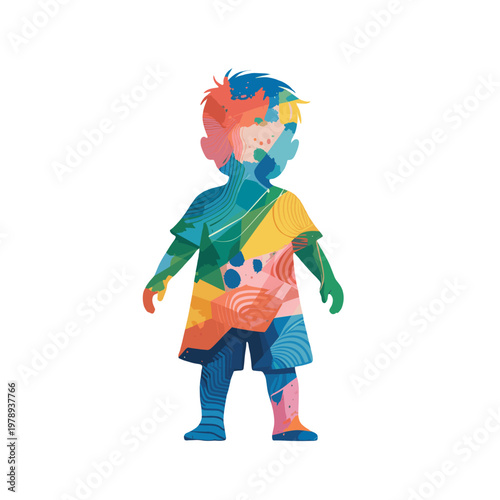 Colorful abstract artwork of a standing toddler.