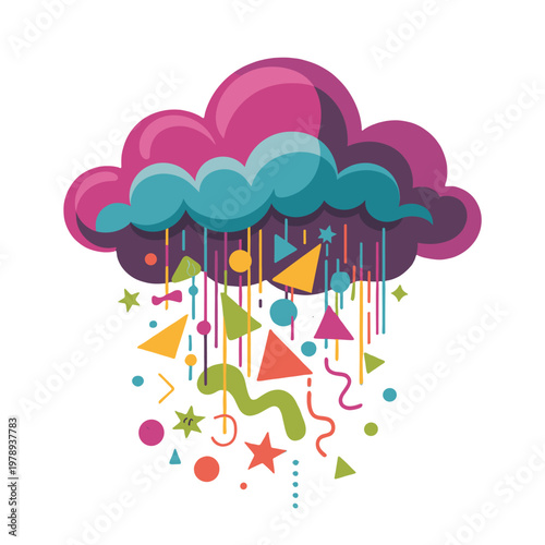 Colorful illustration of a cloud raining shapes and symbols. 