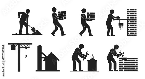 Silhouettes of construction workers performing various tasks including digging, carrying bricks, laying bricks, using tools, and building structures.