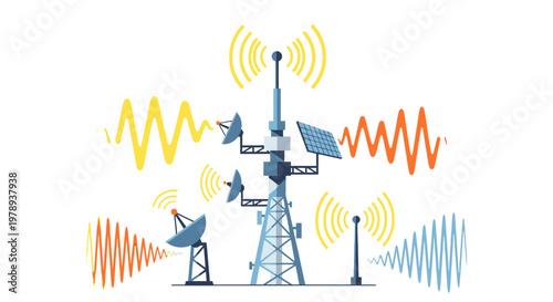 Illustration of a communication tower with various antennas and satellite dishes emitting colorful radio waves and signals, representing wireless technology and broadcasting.