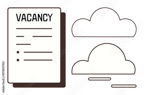 Job application, recruitment, hiring process, human resources, job vacancy, administrative tasks. Minimalistic vacancy notice document with abstract cloud shapes. Recruitment and hiring process
