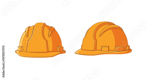 Two orange safety hard hats, essential personal protective equipment for construction and industrial workers, depicted in a vector illustration style.