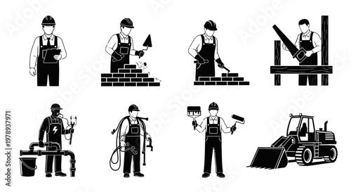 Black and white icons depicting various construction workers, trades, and heavy machinery on a building site.