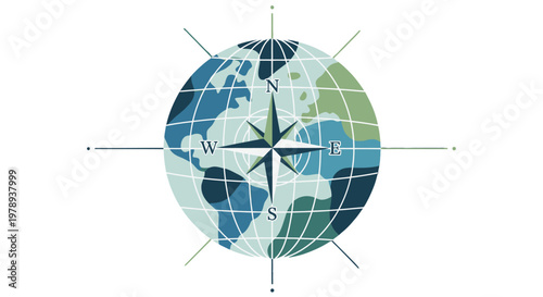 A stylized graphic illustration of the Earth globe with a prominent compass rose indicating cardinal directions, set against a white background.