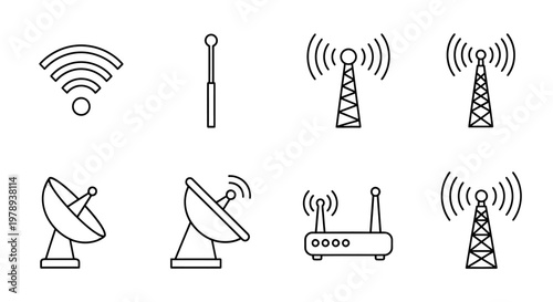 Black line icons of various telecommunications equipment.
