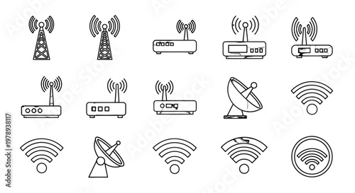 Black line icons of various communication and internet technology symbols.