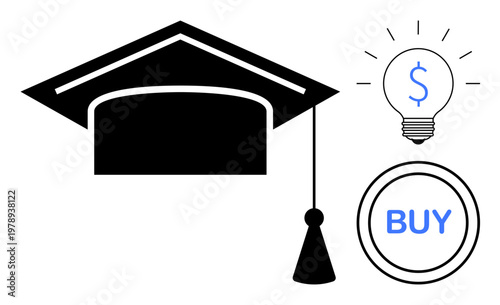 Education funding, student loans, financial planning, online learning, scholarship, tuition costs. A graduation cap, light bulb with a dollar sign and a buy button. Education funding and student
