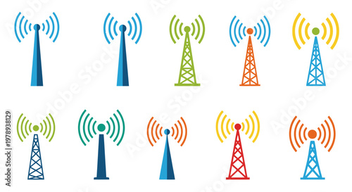 Colorful icons of communication towers with signals.