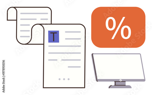 Financial analysis, data management, online records, percentage calculations, business documentation, digital tools. Paper documents, percentage sign and monitor screen. Financial analysis and data